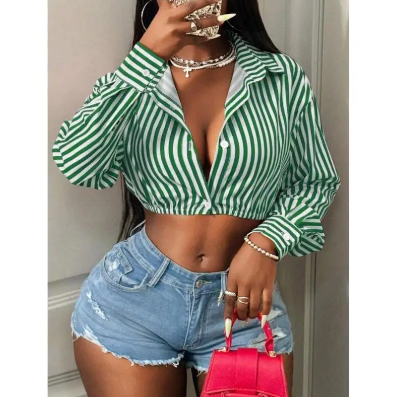 

Осенняя новинка Sle Sexy ort Sve Long Sve Полосатая блузка с принтом на пуговицах спереди Мужская irt Thiened Fce из искусственной кожи