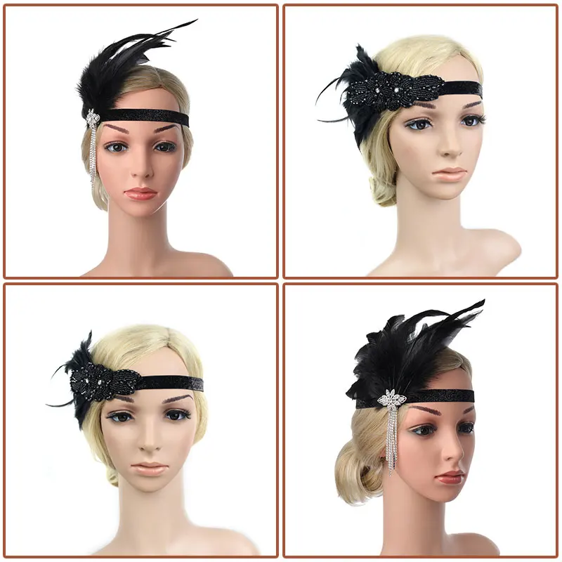 Accessori per capelli per le donne ragazze fascia nera con strass paillettes Vintage Party copricapo con perline fascia per capelli con piume