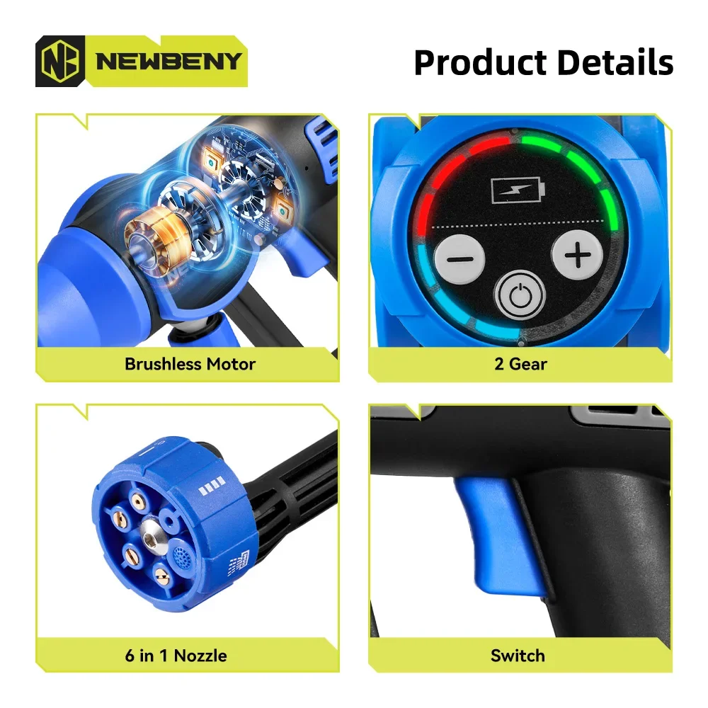 NEWBENY 200Bar Bürstenlose Elektrische Auto Waschmaschine 6 IN 1 Cordless Effiziente Garten Reinigung Spritzpistole Werkzeuge Für Makita 18 V