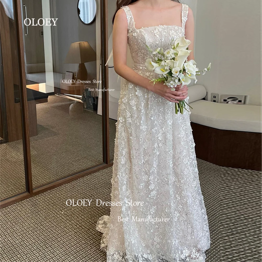 

OLOEY Exquisite Lace Beads A Line Korea Wedding Dresses For Photo shoot Straps Square Neck Floor Length Corset Back Bride Gowns