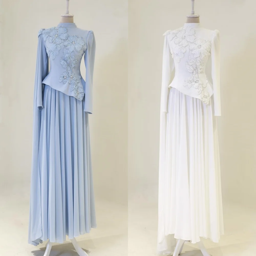 Personnalisé correspondant complexe Jersey plissé à la main fleur perles paillettes a-ligne col haut longues robes robes de soirée Sexy