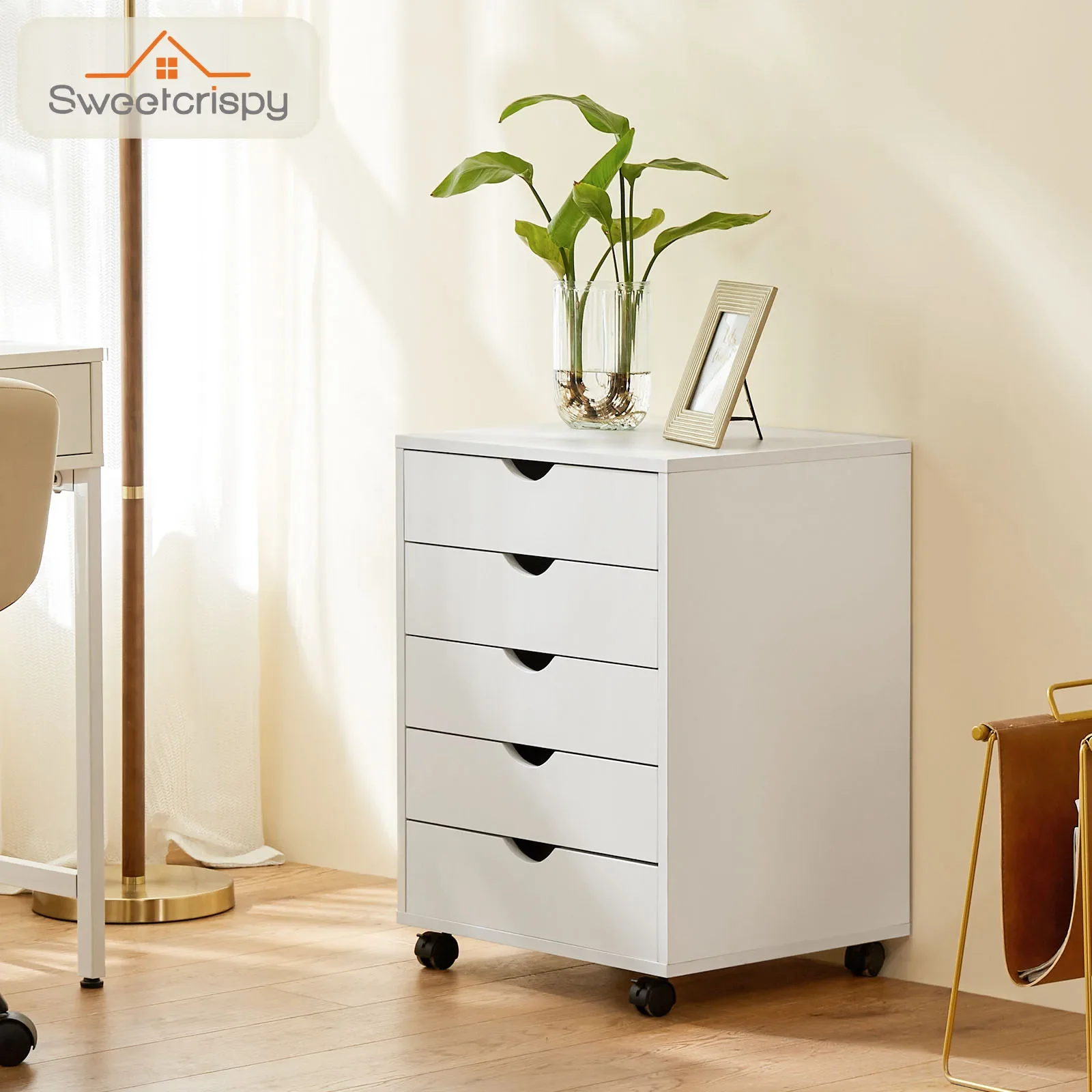 Pop Wood Nightstand Cabinet 5 Drawers Waterproof Surface Storage Organizer File Office Easy To Move Bedside Table Rotating Wheel