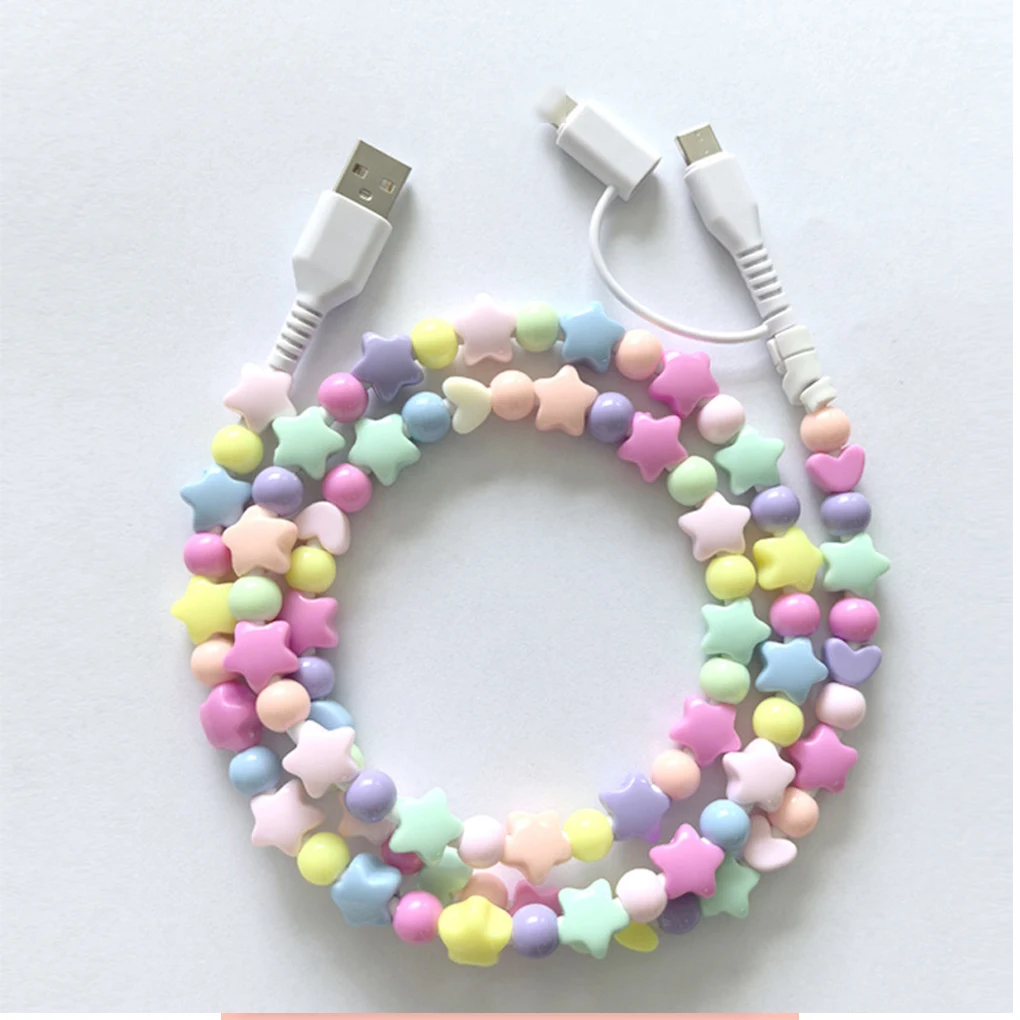 2 in 1 USB Charging Type-C ABS Color Bead USB Charger Cable For Convenient Device Charging 1 To 2 Beaded Data Cable