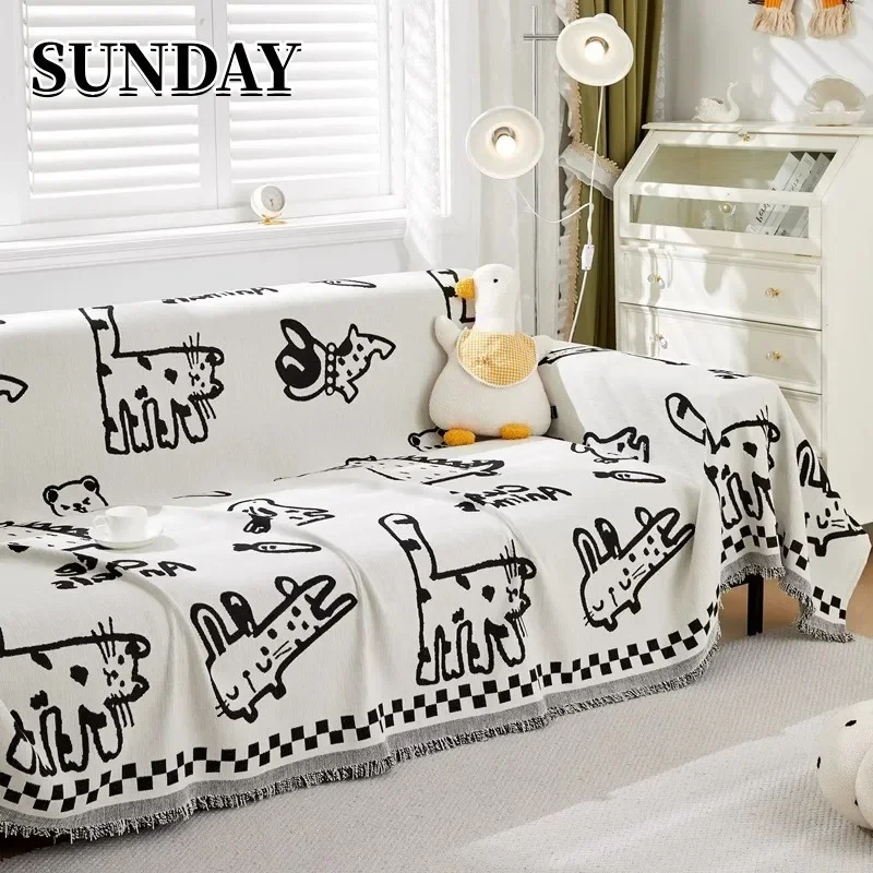 

Chenille Cartoon Cat Sofa Towel with Tassels Animal Patterns Sofa Covers for Living Room Modern Picnic Blanket Home Slip Cover