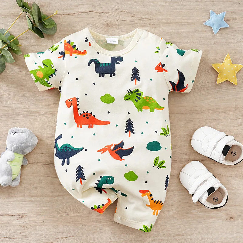 Summer new newborn jumpsuit cute dinosaur full print short sleeved jumpsuit for boys and girls, pure cotton for comfort and brea