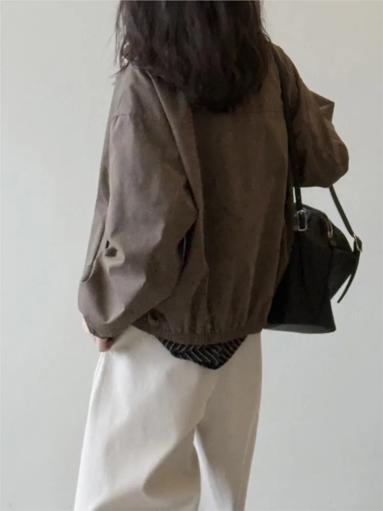Veste ample décontractée pour femmes, manteau, nouvelle mode rétro marron, poches, fermeture éclair, vestes courtes, Chic, Simple, vêtements d'extérieur, automne 2025
