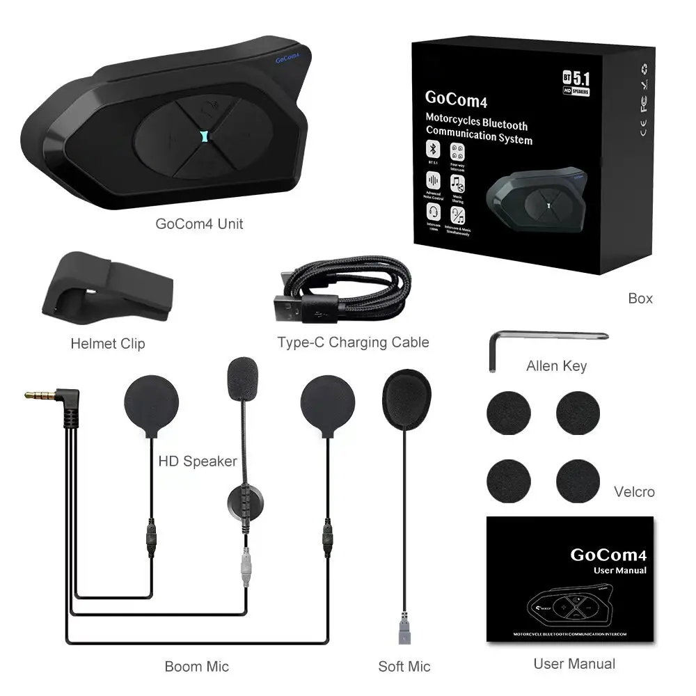 Go com4 Motorcycle Helmet Bluetooth Intercom Headset 4 Riders Talk at The Same Time/FM Radio