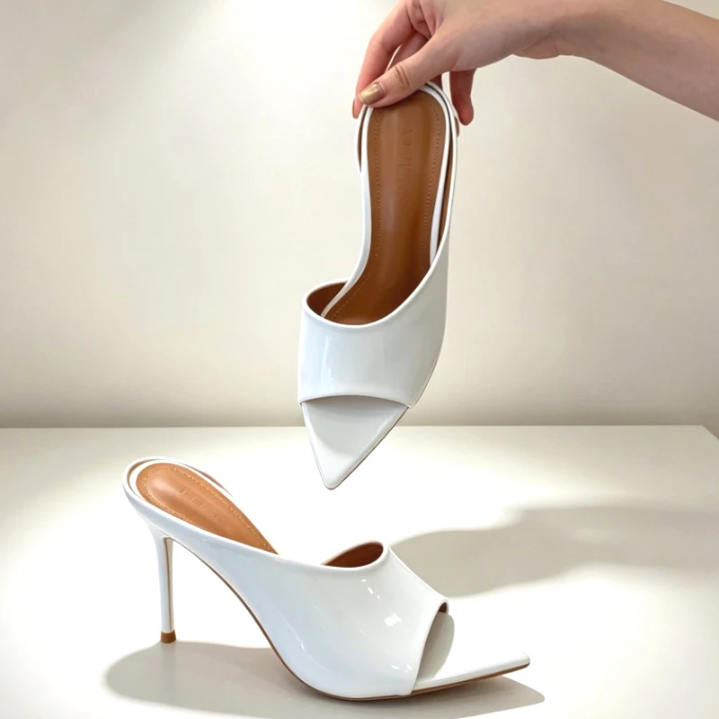 Sexy Open Toe Patent Leather Design Thin Heel Slippers Women Fashion Pointed Toe Sandals Elegant Dress High Heels for Ladies