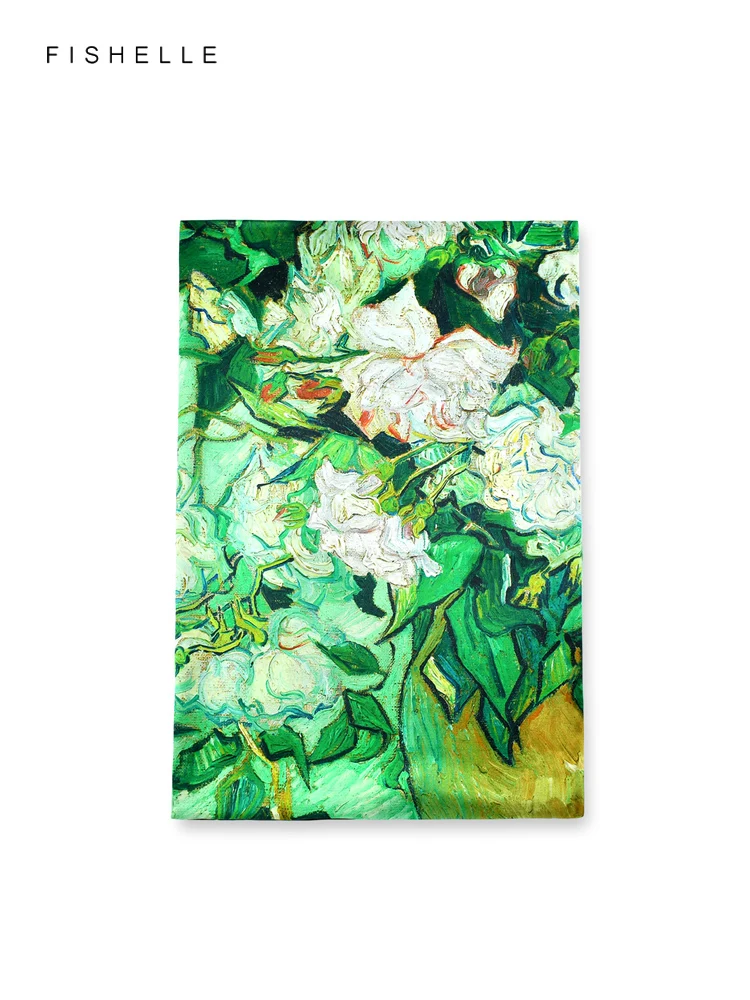 Green oil painting with white roses printed natural silk scarves women big square bandana spring autumn hijab real silk shawl