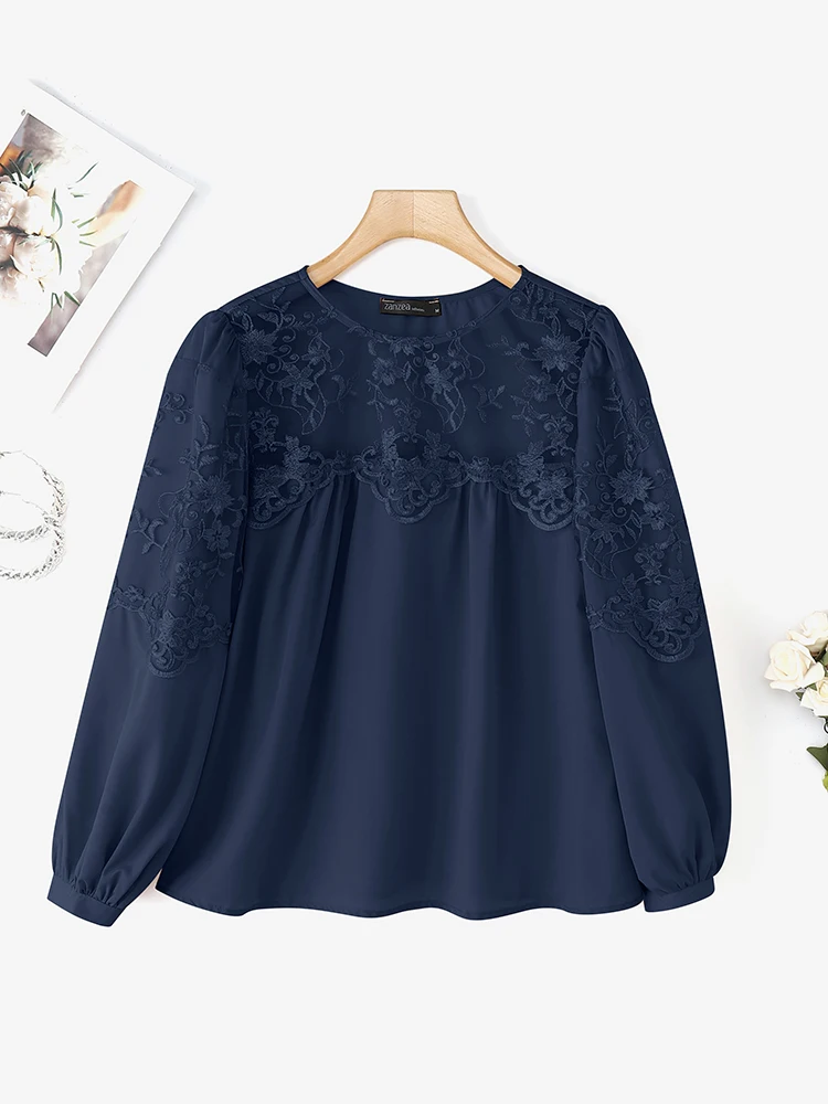 2025 ZANZEA Elegancka damska bluzka z koronką, jesienna koszula patchworkowa, codzienna, modna tunika z falbankami, długi rękaw, vintage bluzki damskie