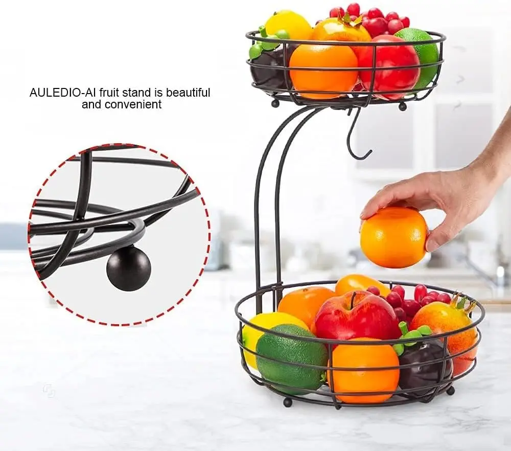3 IN I – 2 Tier Nordic Style Countertop Fruit Vegetable Storage Basket Bowl With Banana Hanger Restaurant Home Kitchen Snack Organizer Holder Black Iron Metal Wire