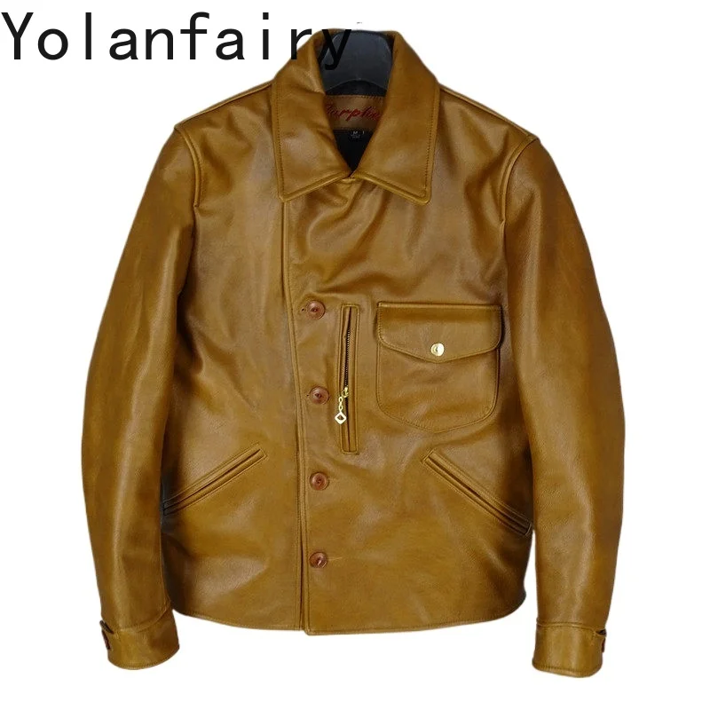 YOLANFAIRY Top Layer Cowhide Genuine Leather Jacket Men 2026 Turn-down Collar 100% Real Leather High Quality Vintage Coat Man
