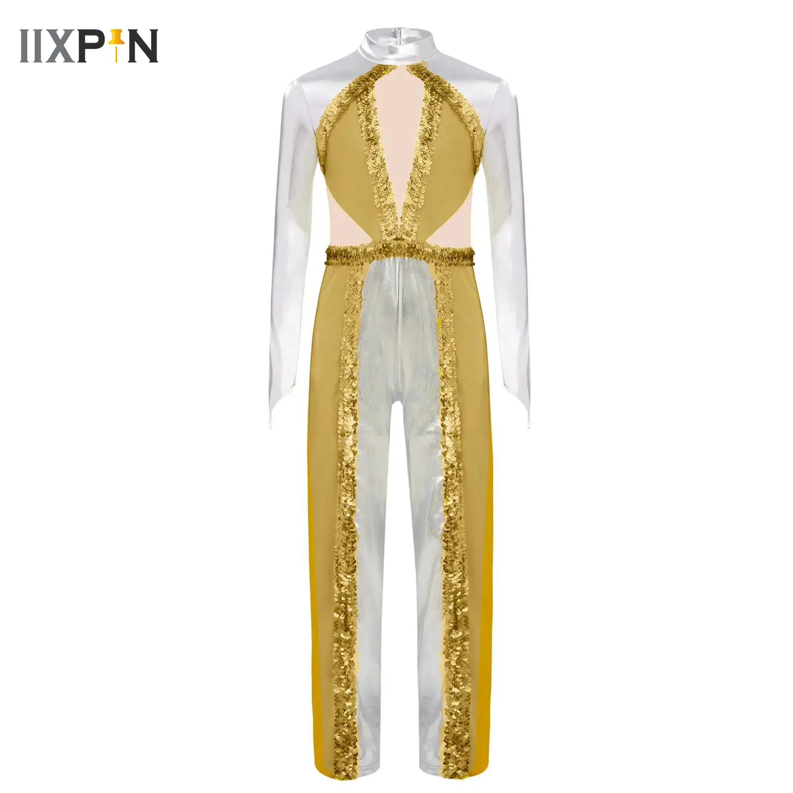 

Kids Girls Jazz Latin Dance Jumpsuit Stage Performance Outfit Long Sleeve Zip-up Metallic Patchwork One-piece Ballroom Dancewear