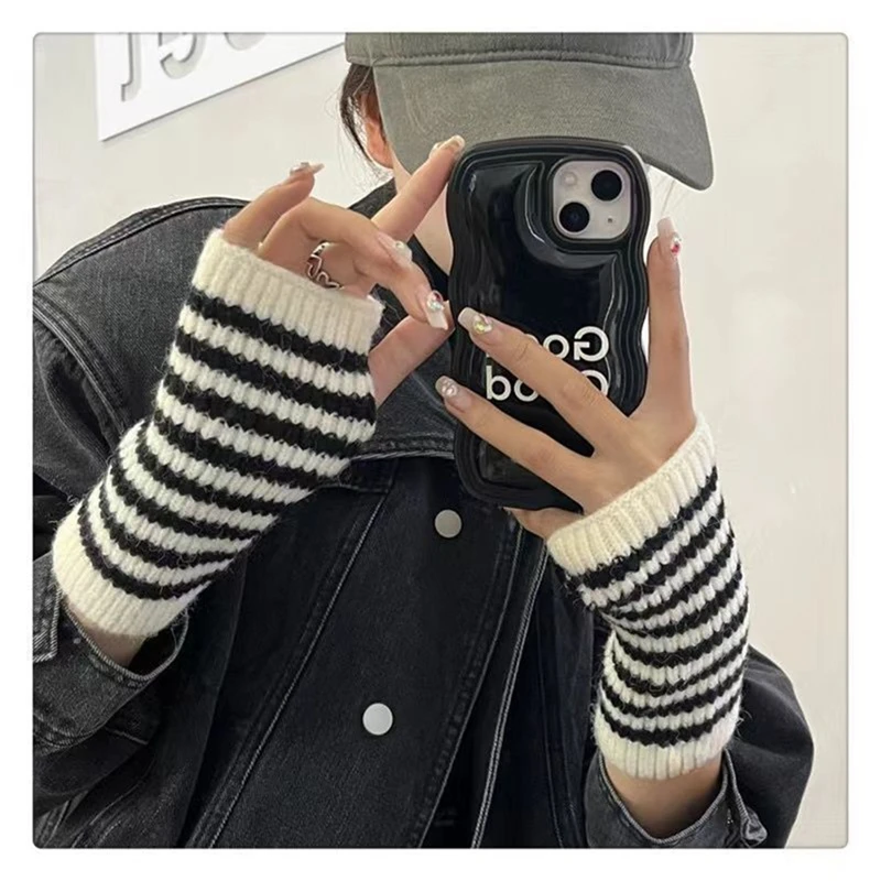 Short Striped Fingerless Gloves Knitted Arm Warmers Women Autumn Winter Wrist Sleeves Soft Thumb Hole Hand Warmer Mitten
