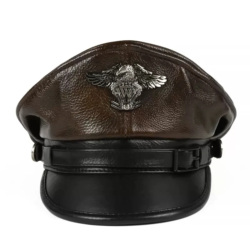 New Retro German Military Caps For Men Male Genuine Leather Flat Top Hats European American Captain Locomotive Chapeau