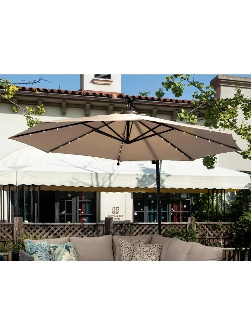 10ft Outdoor Patio Offset Cantilever Solar LED Umbrella W/ 32 Solar Powered LED Easy Tilt Adjustment -Beige