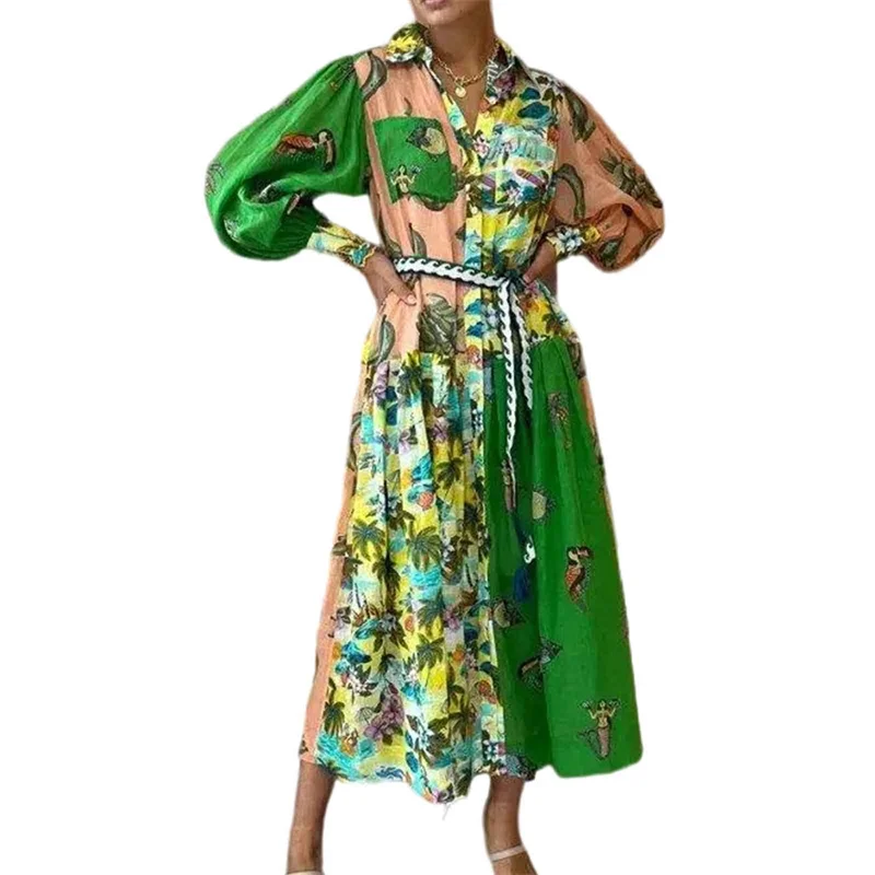 New Women's Printed Lantern Sleeve Lapel Waist Long Sleeve Holiday Dresses