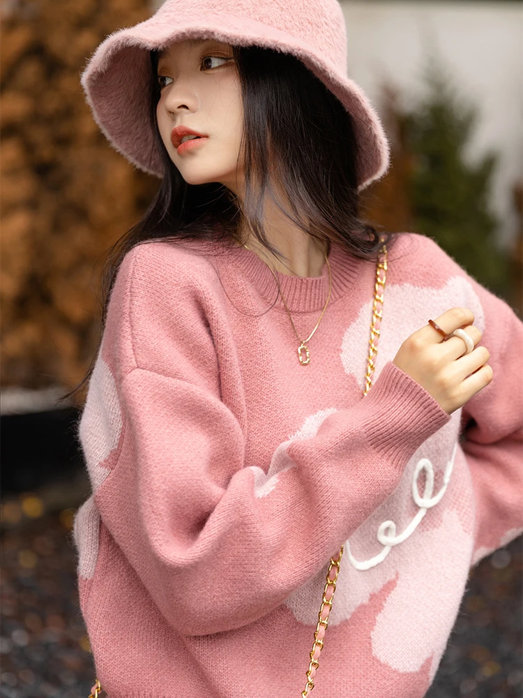 Jmprs Kawaii Floral Knitted Sweaters Women Casual Loose Japan Sweet Pullovers Vintage Long Sleeve Female Cute Fall Winter Jumper