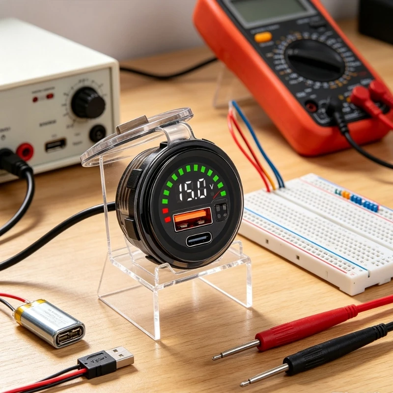 Digital Direct-Current Voltmeter with 7-30 V Input, Round Panel-Mount LED Display and USB-A Port for Battery Monitoring D2RD