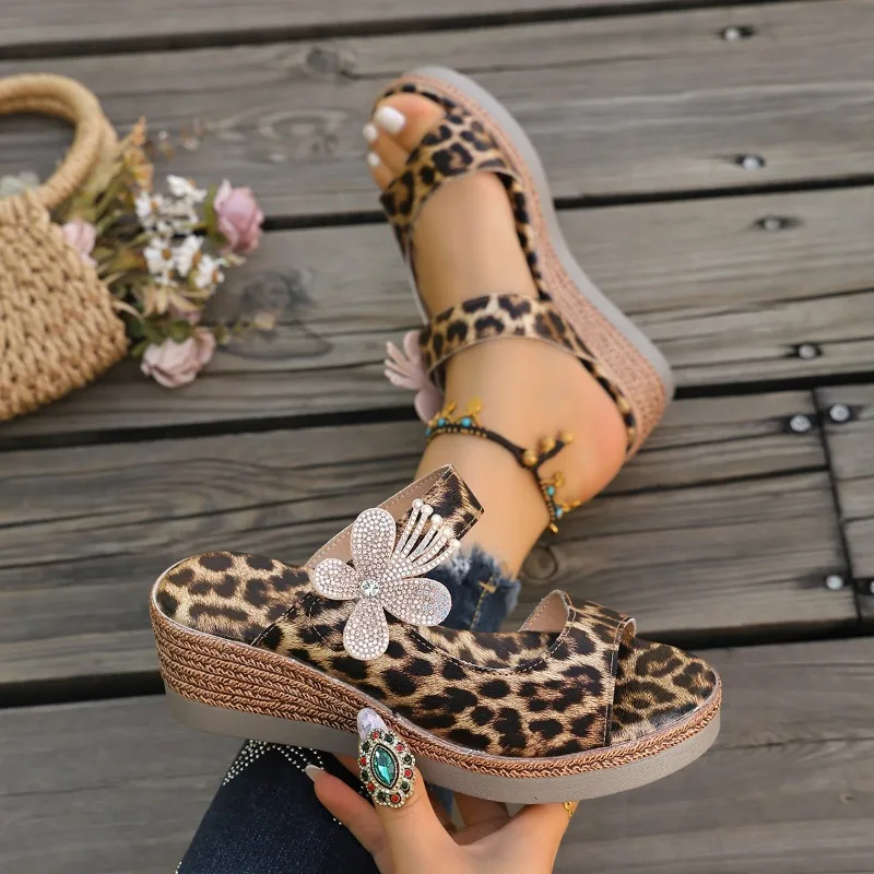 2026 Summer Leopard Print Wedge Women Sandals Fashion Hollow Out Flower Decor Casual Thick Soled Women Shoes  