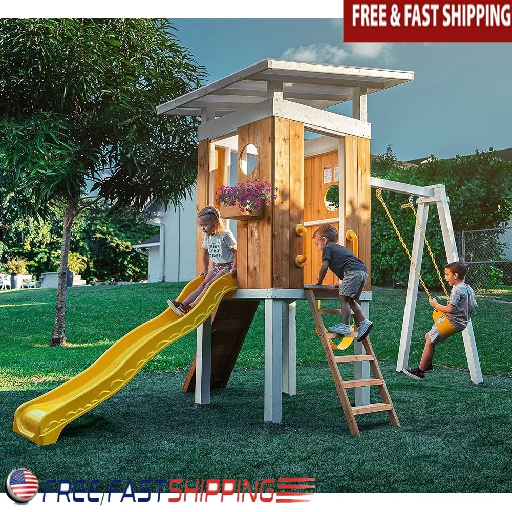 

Modern Outdoor Swing Set Kids Wooden Playground with 2 Swings Rock Climbing Wall Slide Fort Ladder Backyard Playset