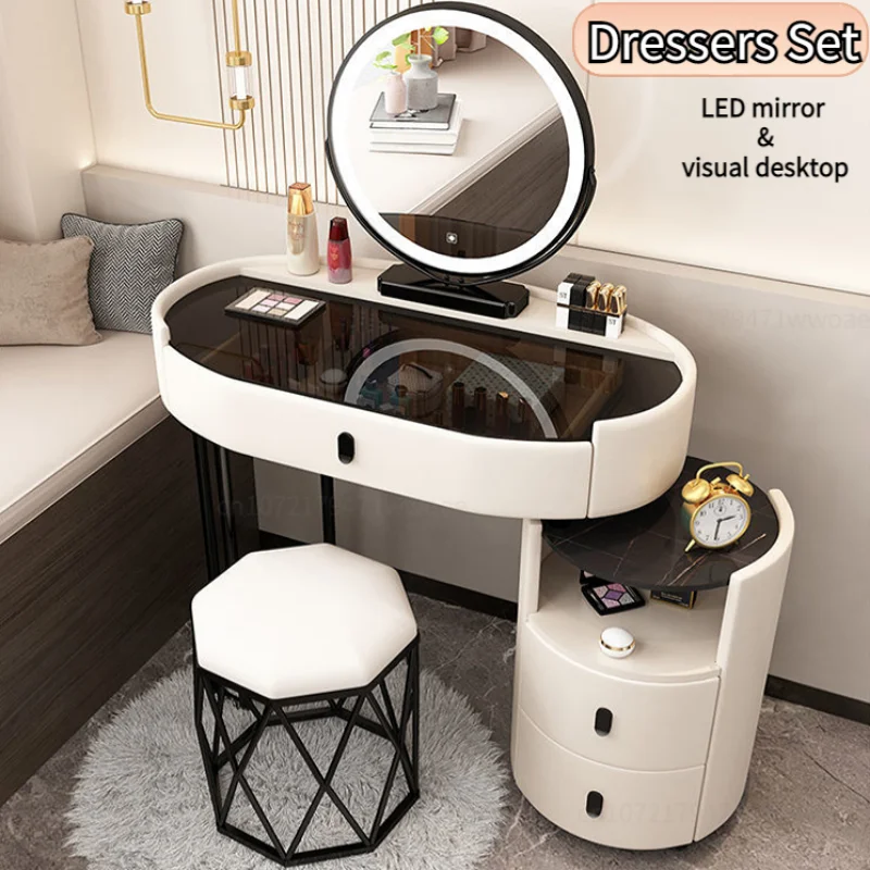 

Vanity Desk Modern Dresser Table LED Mirros Household Bedroom Dressing Table Density Board Makeup Table With Mirror Furniture