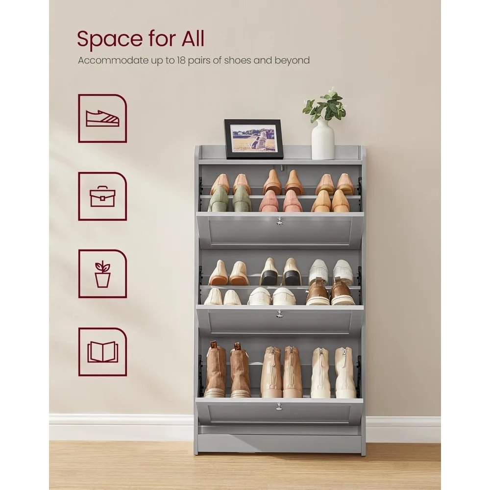 Shoe cabinet with 3 clamshell drawers, shoe locker, adjustable and removable partition for up to 18 pairs of shoes