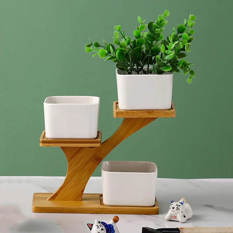 Modern Minimalist White Ceramic Flowerpot Succulent Plant Pot 3 Bonsai Planters with 3-Tier Bamboo Shelf Home Garden Decor