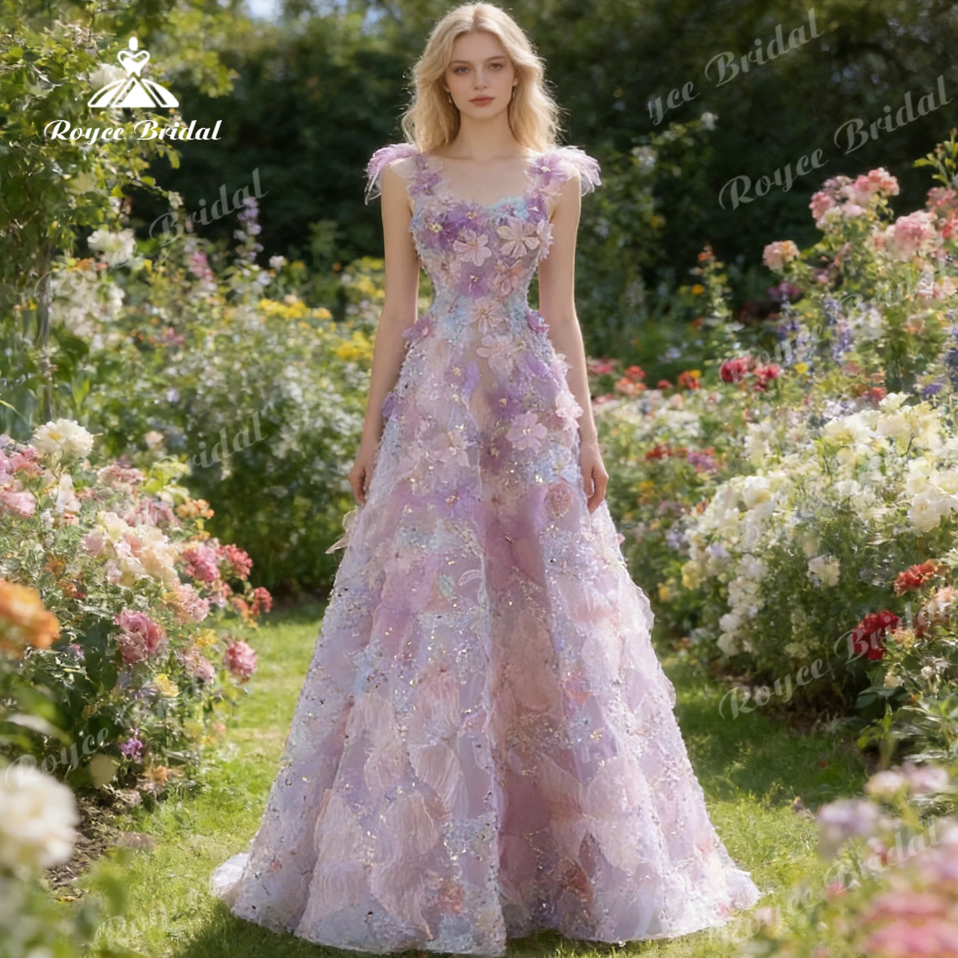 

Roycebridal Garden Fairy Luxury Square Prom Dresses Light Pink Tulle Floral Evening Dresses for Women Customized