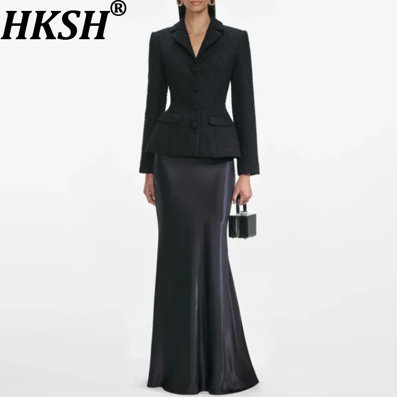 

HKSH Autumn New Women's Two-piece Suit Set Single Breasted Slim Fit Woolen Blazer High-end Solid Color Mermaid Skirt Ins HK15186