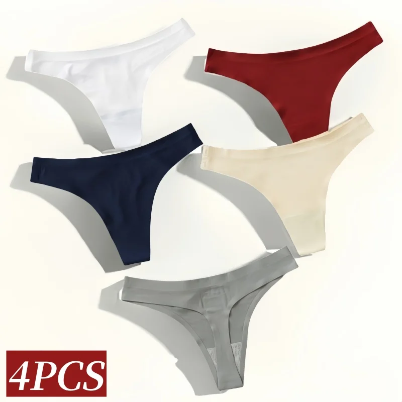 

4Pcs/Set Sexy Panties Ice Silky Thongs Women Low Waist G-string Seamless Underwear Sports Panty Soft Solid Female Underpants