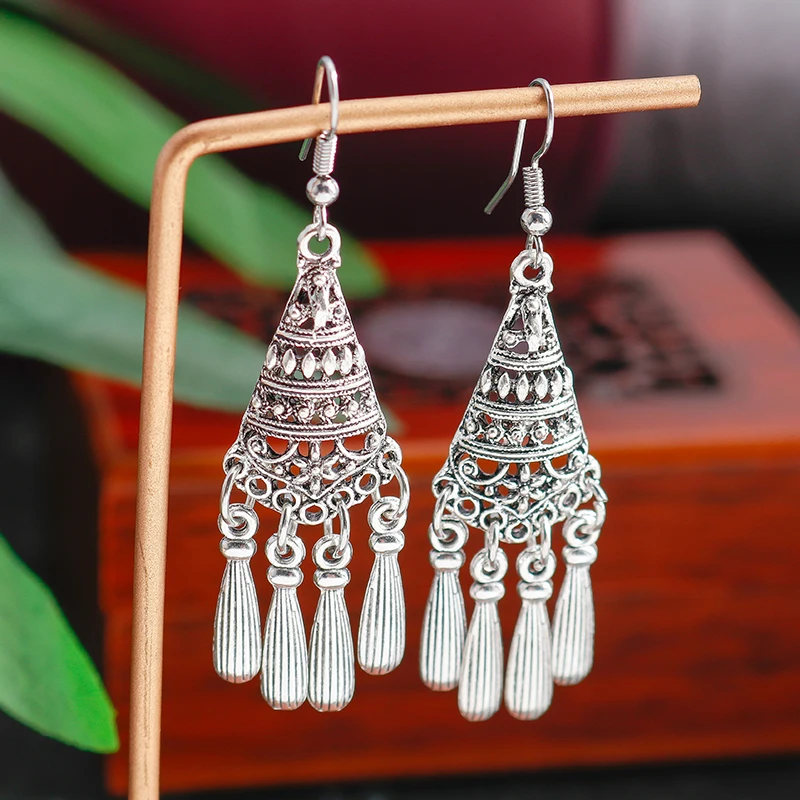 Aihua Antique Silver Water Drop Tassel Earrings for Women Vintage Tibetan Silver Color Flower Dangle Earring Jewelry Gifts