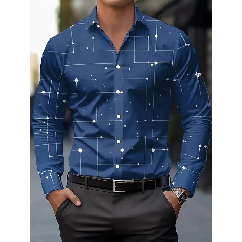 Men's long-sleeved shirt, featuring artistic 3D striped grid printing, fashionable button design, and comfortable fabric, suitab
