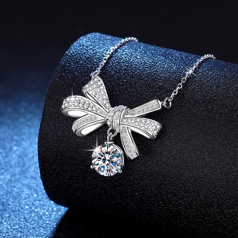 

S925 Silver White Gold Plated 2CT D Color Moissanite Dazzling Bow Tie Pendant Necklace, Exquisite Jewelry.