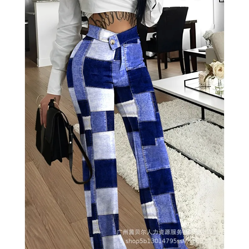 

Wepbel Y2K Asymmetric Waistline Printed Trousers Women Denim Printed Streetwear Pants Overlap Waist Office Lady Wide Leg Pants