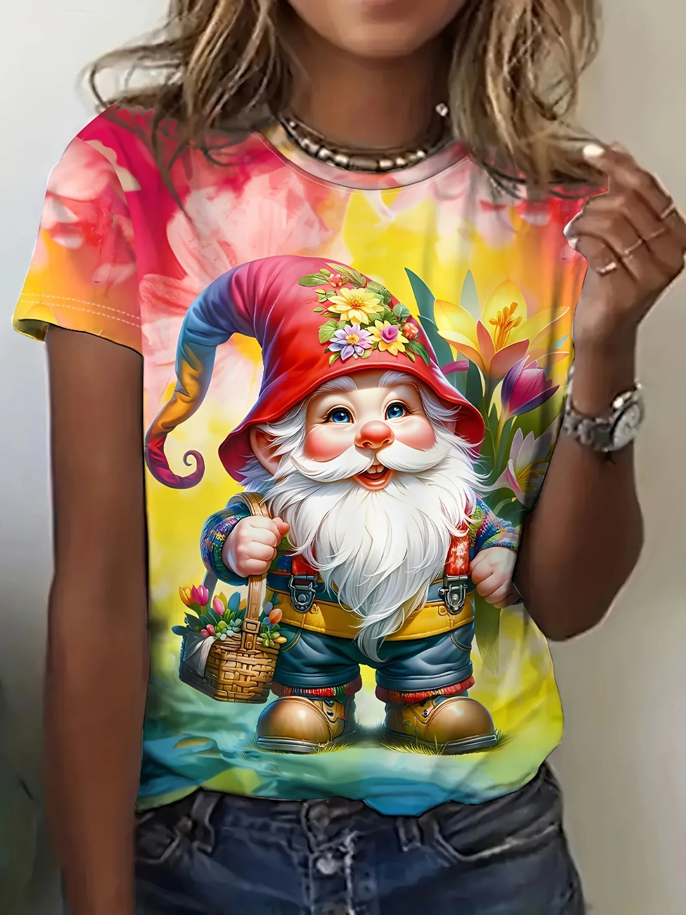 

3D Genie Gnomes Print Women's T-Shirt Fashion Casual Round Neck Short Sleeve Top White Bearded Old Man Graphic Christmas Clothes