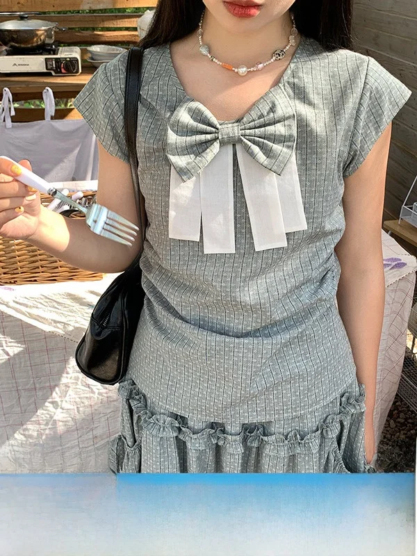 

Ретро-комплект из топа и юбки для женщин, дизайн Hey an Nai, хлопок, V-образный вырез, летний модный костюм-двойка