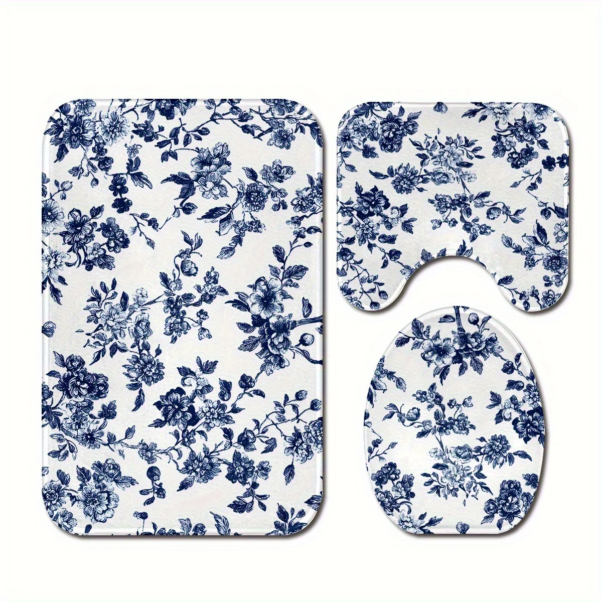 

Blue and White Porcelain Style Floral Print 3 Piece Bath Mat Set Vintage Classic Anti Slip Soft Absorbent Toilet Seat Cover