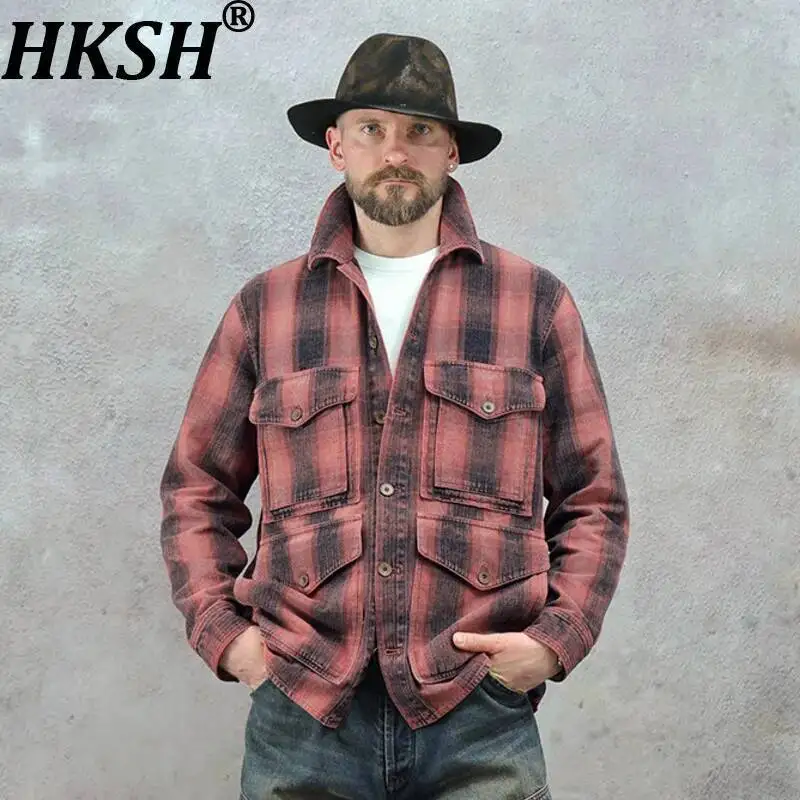 

HKSH Spring New Men Tide American High Street Vintage Plaid Safari Style Shirt Jacket Tie-dyed Casual Vibe Tops Chic Ins HK23712