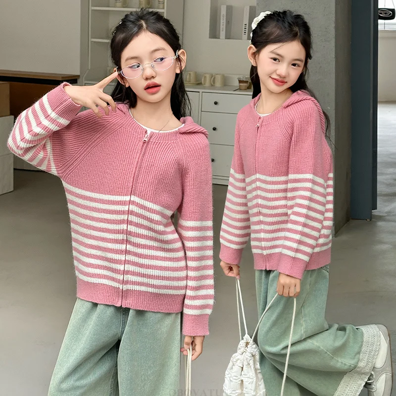 

New Design Kids Pink Color Zipper Cardigan with Hoodies for Girls High Fashion Hooded Sweater Children Spring Autumn Knitwear