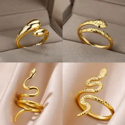 Stainless Steel Snake Rings For Women Men Gold Plated Open Adjustable Zircon Ring Vintage Gothic Aesthetic Jewelry anillos mujer