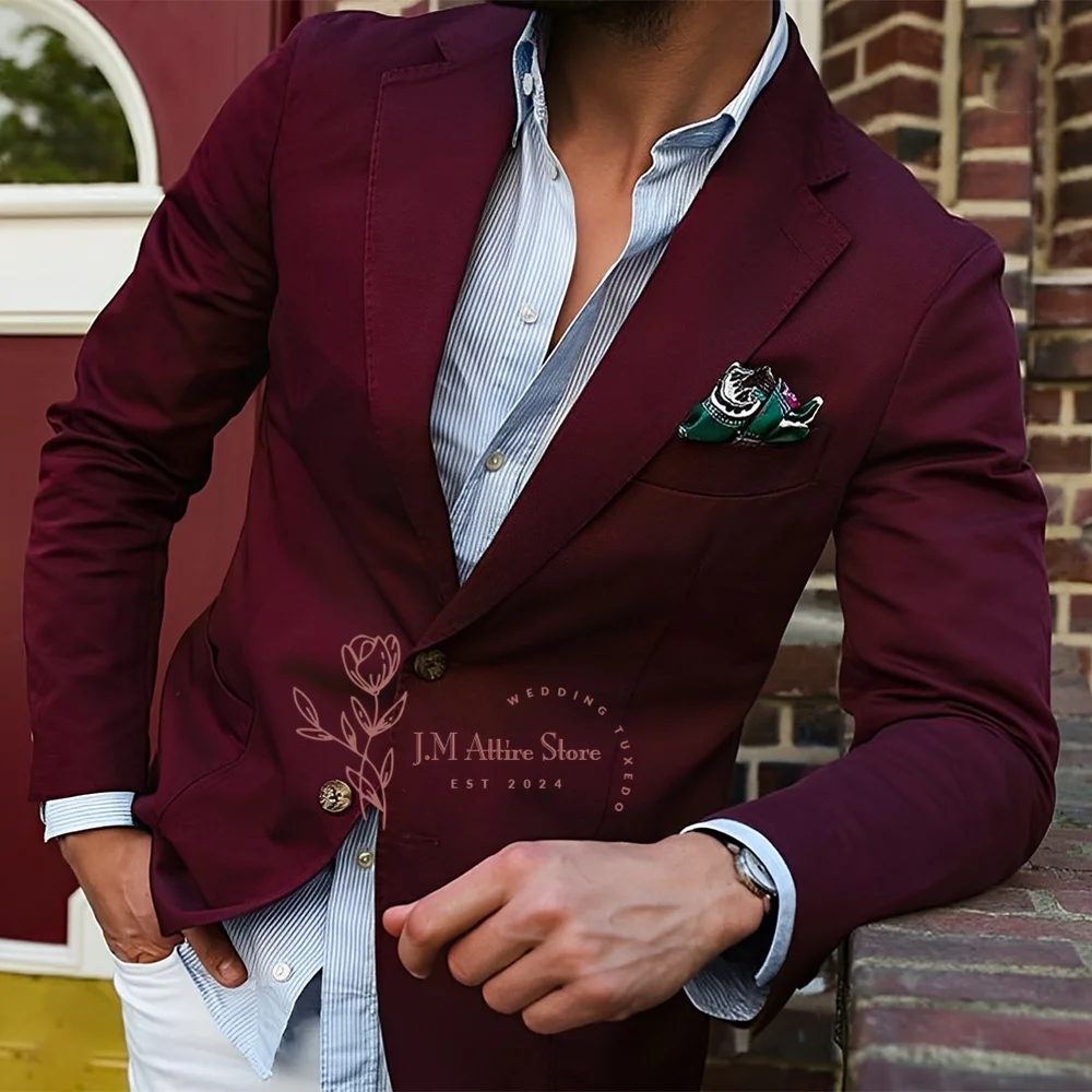 

Burgundy men's suit 2-piece set notch lapel slim fit blazer white pants custom tuxedo for wedding banquet party birthday gift