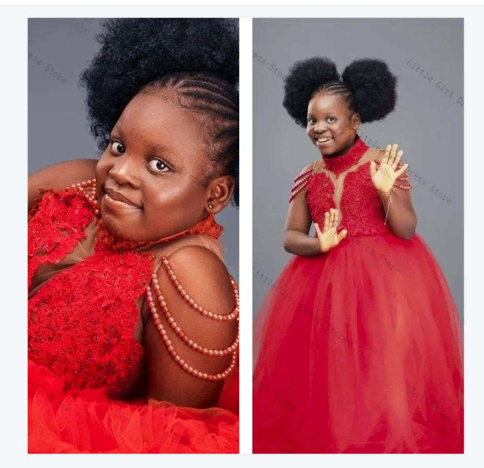 

Red Pearls Princess Flower Girl Dress Sexy Sheer Neck Tulle Wedding Gown Kids Birthday Party Pageant Gown Dresses Customized