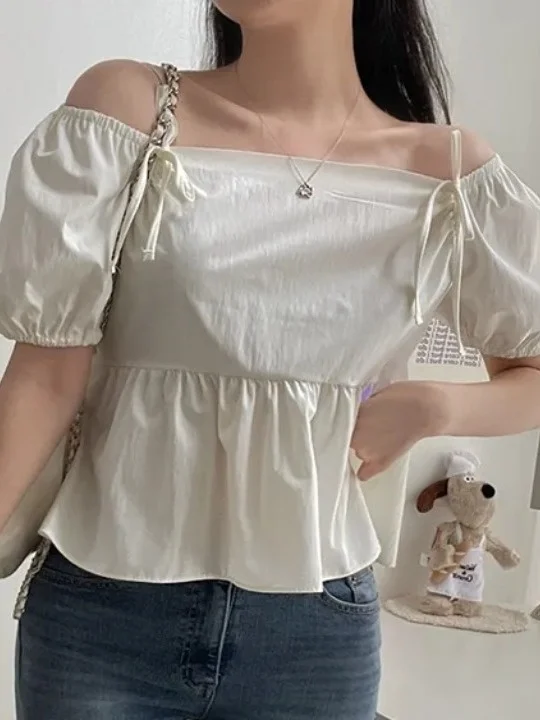 

Korean Sle Sweet Bubble Sve ort Sve irt Women's Summer ature Ele Slimming Top Pure Color Commute Sle