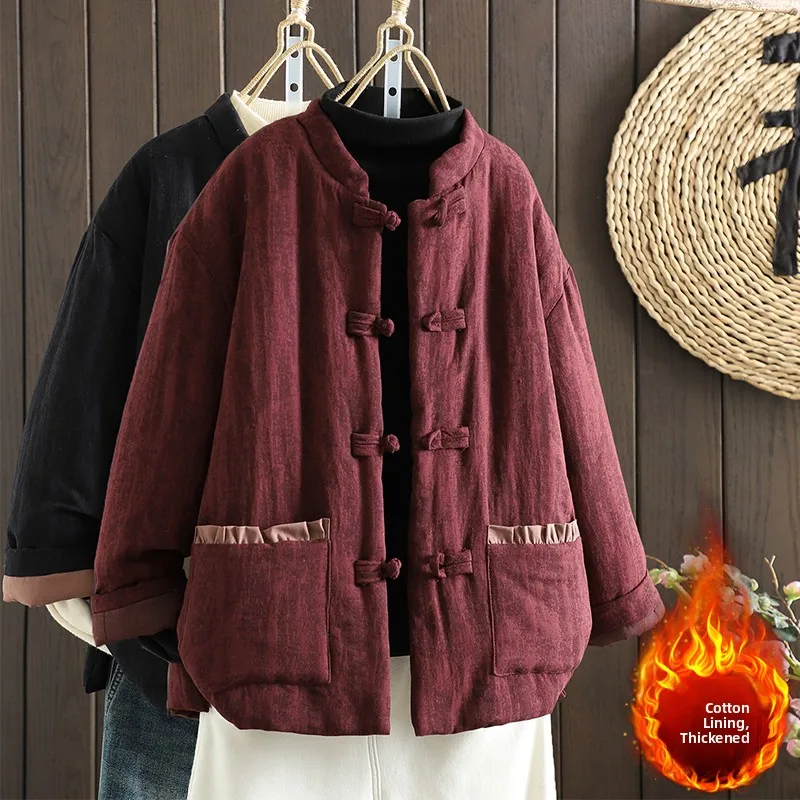 

Thiened Cotton Jaet ort Sle Ретро дизайн на пуговицах Теплое хлопковое пальто большого размера Женская зимняя одежда из хлопка