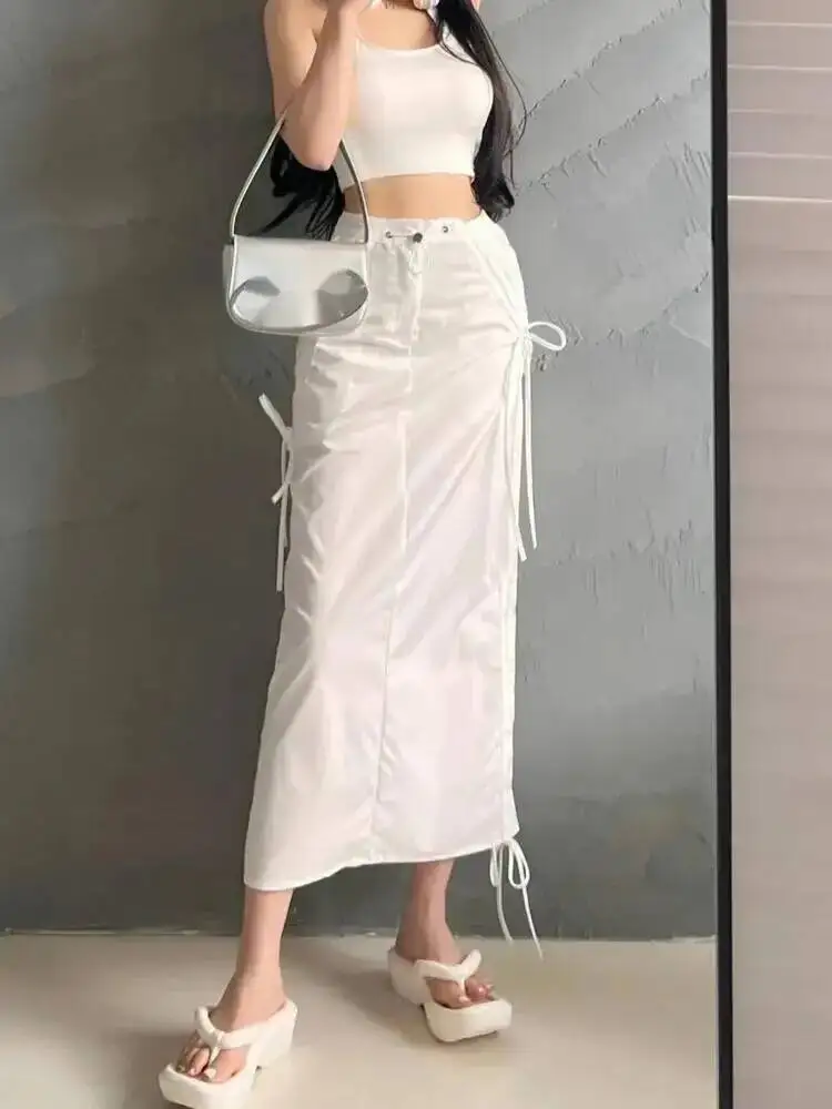 

Sweet Street Wrinkled Drawstring Midi Skirt With Split Back American Quick Drying Workwear Skirt For Teenage Girls Japanese L67D