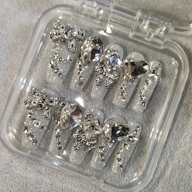 10pcs high-end Flash long silver with diamonds handmade fake nails, Light luxury long temperament girl nail decoration patch