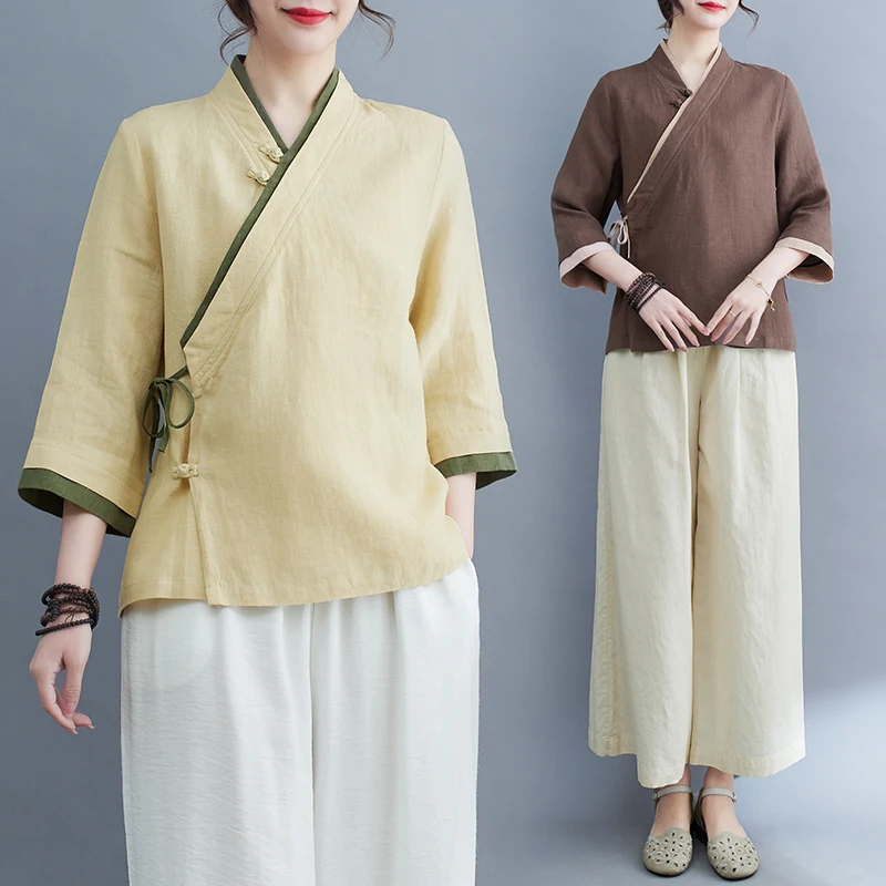 Pure Color Tang Suit Women's Hanfu Revised Summer Tea Person Uniform Buddhist Style Zen Meditation Clothes New Chinese Style Top