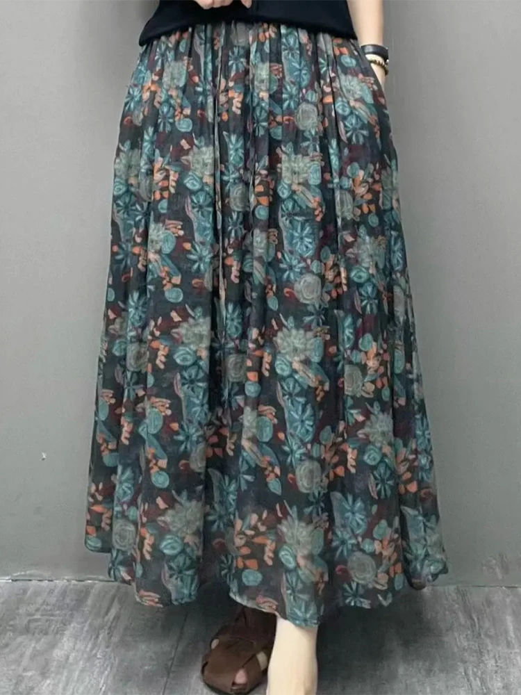 

Юбка трапециевидной формы в стиле ретро с высокой талией и цветочным принтом, летняя утягивающая хлопково-льняная длинная юбка для женщин, поездка на работу