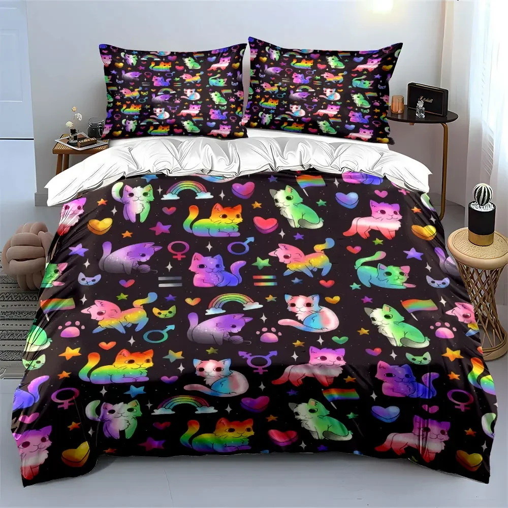 

Rainbow Cat Pattern Decoration Set Bedding Set with 1 Duvet Cover 2 Pillowcases Single Double King Queen, Gift